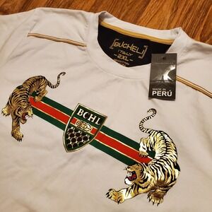 Bucheli Shirt Men 2XL White Tiger Crest Italian‎ Design Italy New